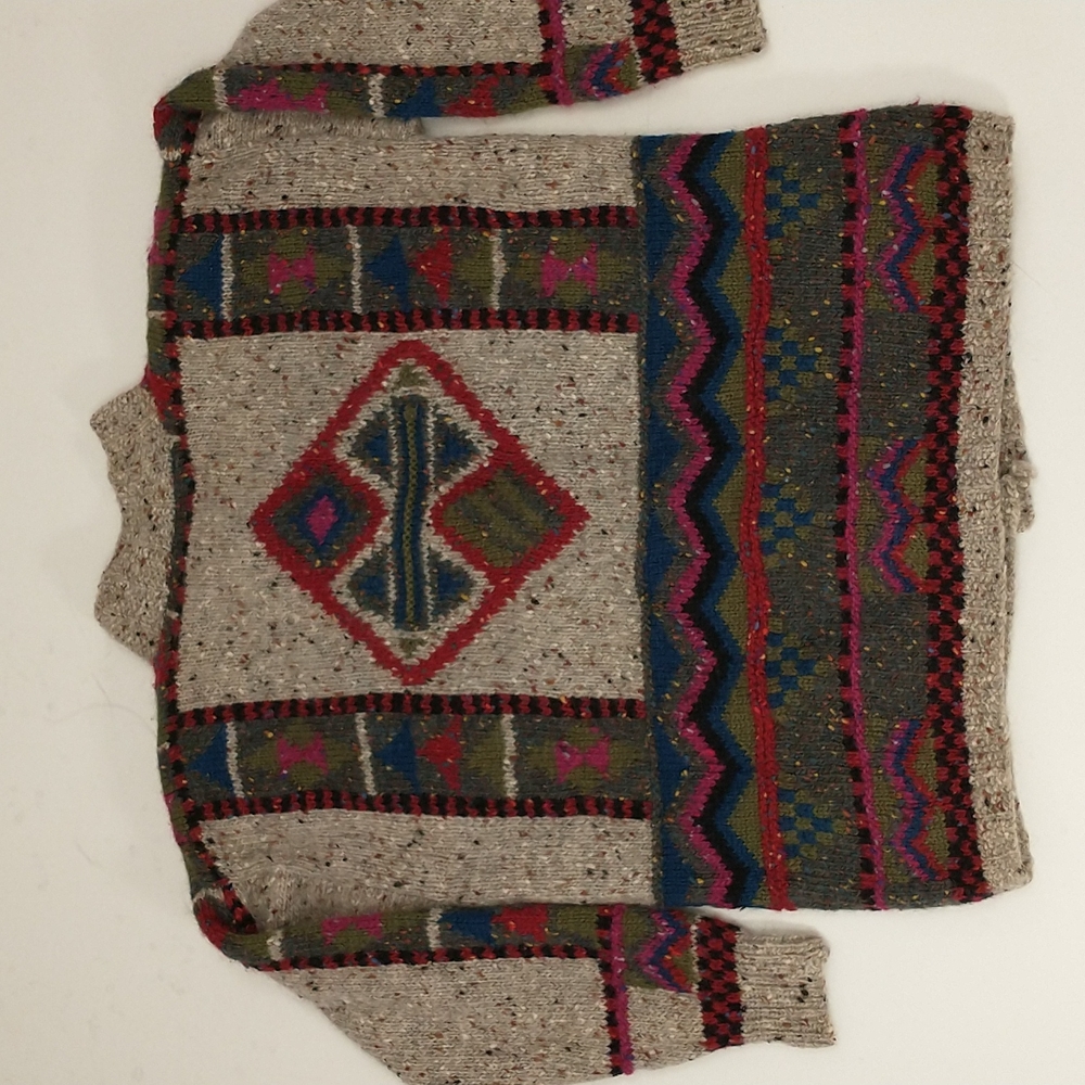 Colorful Handknit Cardigan Sweater Natural Undyed Wool Pockets Bold Pattern SeeM - Picture 13 of 13
